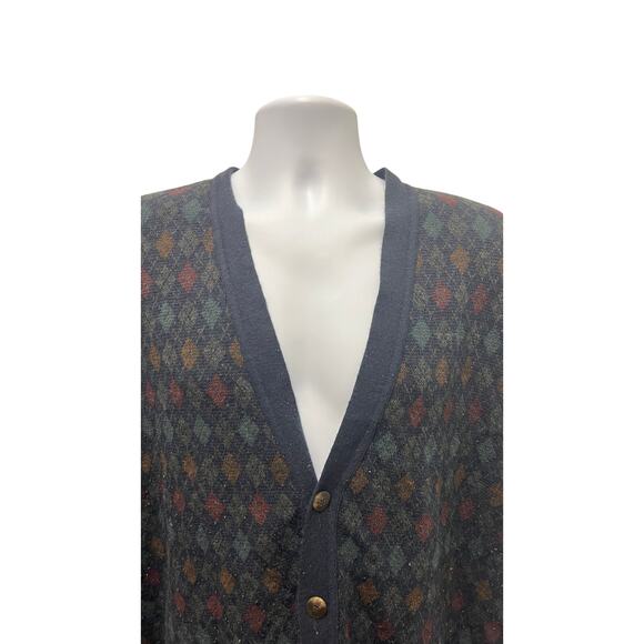 🧶 Florence Tricot Italy Wool Blend Black Cardigan XL – Vintage Argyle Grandpa - Picture 2 of 4